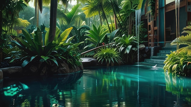 Photo a pool with a pool and a pool with a waterfall and tropical plants