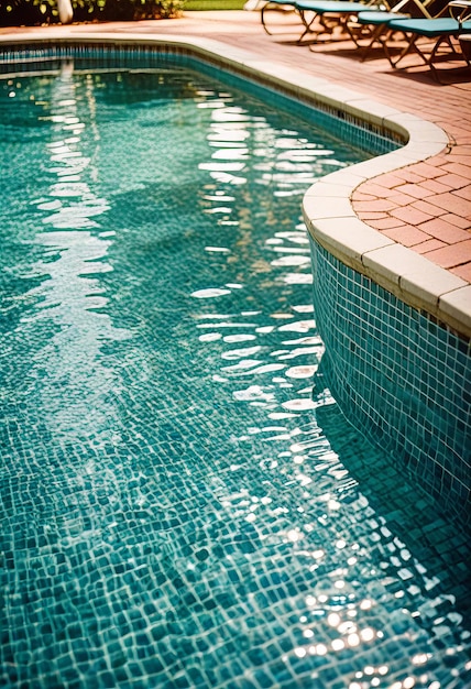 a pool with a pool that has a reflection of the sun on the water