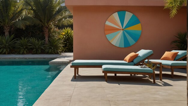 Photo a pool with a round circle on the wall and a lounge chair