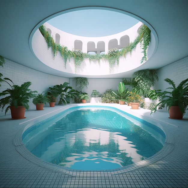 A pool with a skylight and plants in it