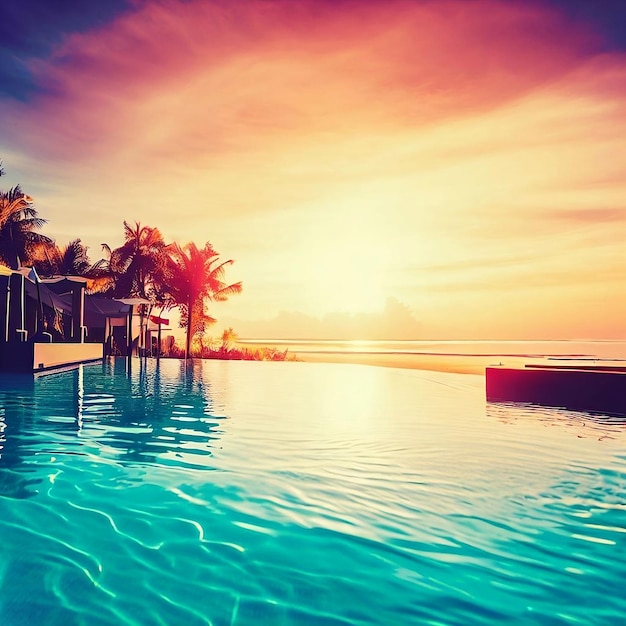 A pool with a sunset in the background