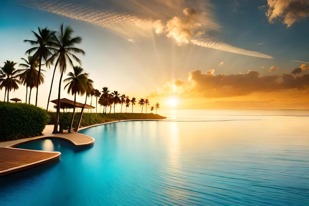 A pool with a sunset in the background