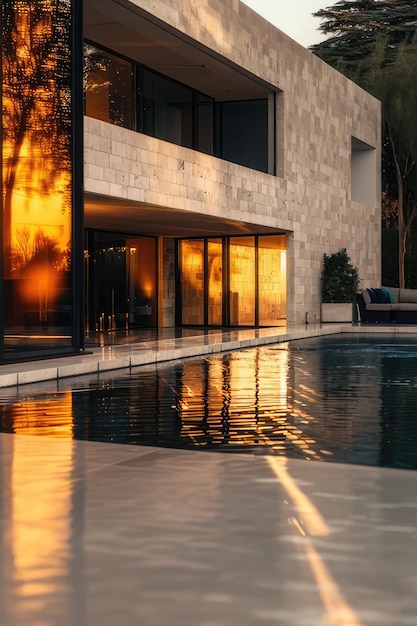 Photo a pool with a sunset reflecting on the water