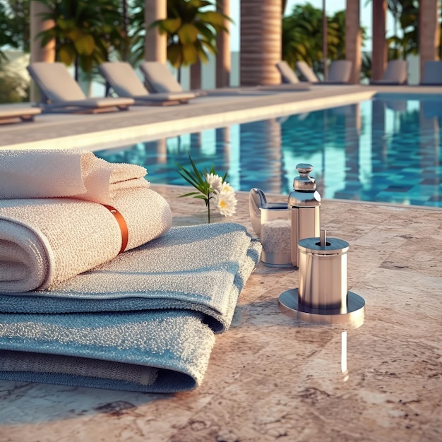 A pool with a towel and a bottle of soap.