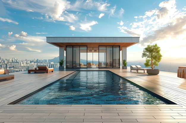 Photo a pool with a view of a city and a city in the background