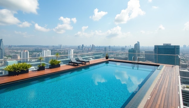 a pool with a view of a city and a cityscape