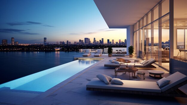 Photo a pool with a view of the city skyline and the city