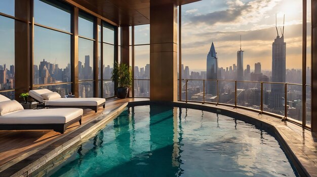 Photo a pool with a view of the city skyline