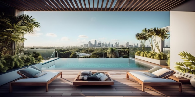 A pool with a view of the city skyline.