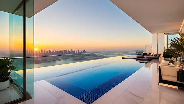 a pool with a view of the city ultramodern luxury Dubai penthouse with an openplan layout