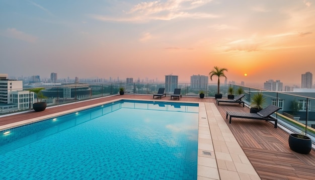 a pool with a view of the city