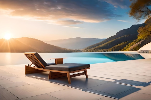 A pool with a view of the mountains and a lounge chair.