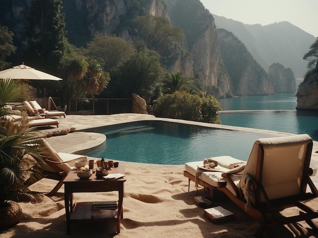 a pool with a view of mountains and a man sitting on a chair