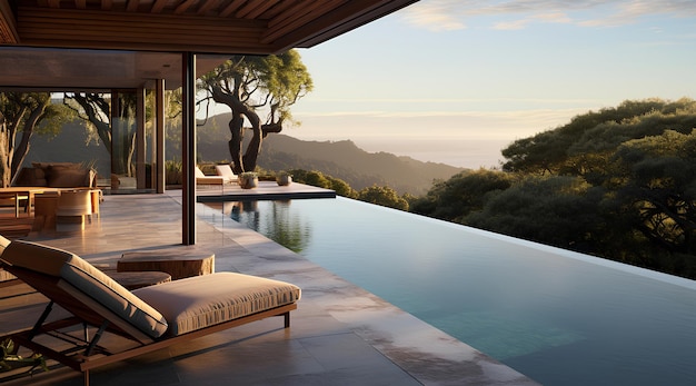 a pool with a view of the mountains and the ocean