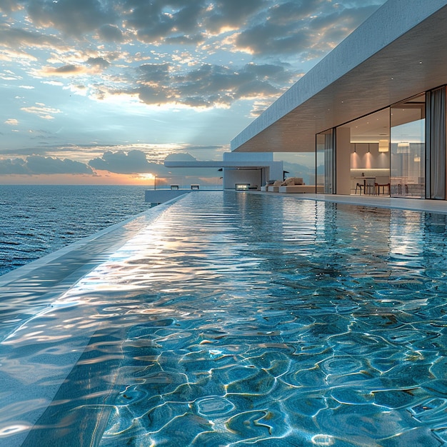 a pool with a view of the ocean and a house with a view of the ocean