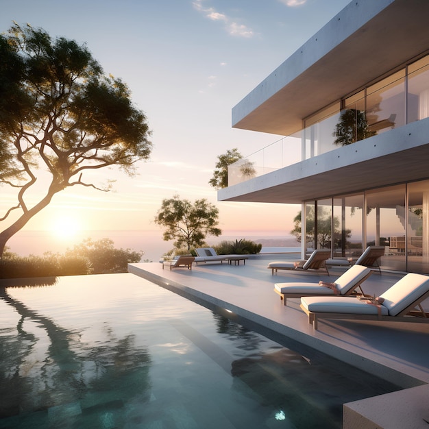 a pool with a view of the ocean and a palm tree