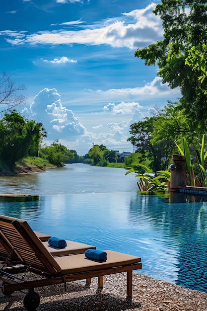 Photo a pool with a view of a river and a blue sky with clouds