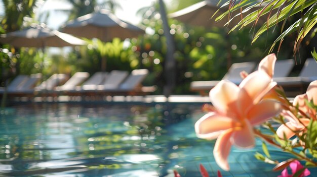 Photo poolside area featuring elegant loungers and sun umbrellas with tropical flowers