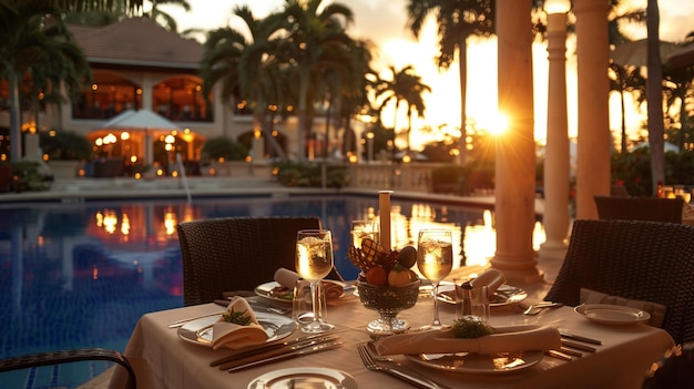 Poolside dining area showcases gourmet food at sunset