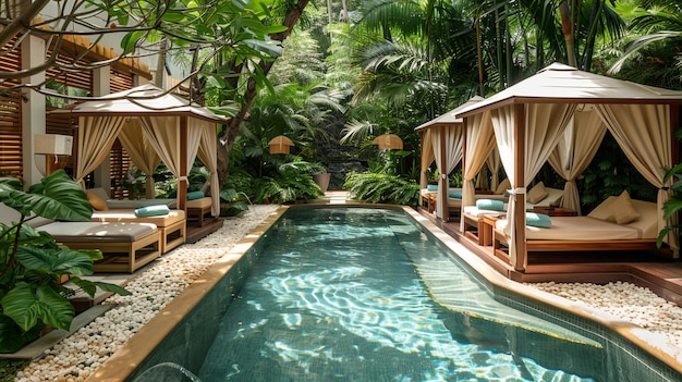 Photo poolside spa area featuring massage cabanas and lush greenery