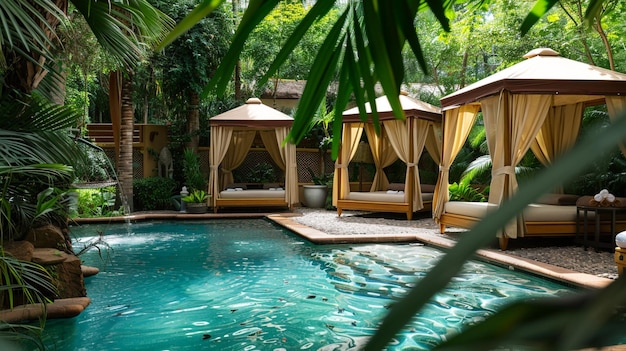 Photo poolside spa area featuring massage cabanas with lush greenery