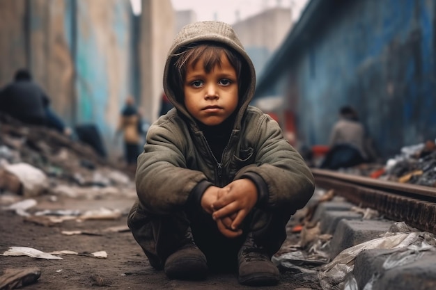 Poor beggar boy sitting on the street