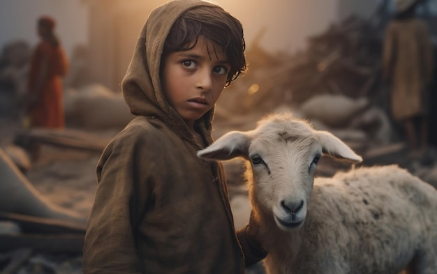 Poor kid looking with love at goat on eid day Generative Ai