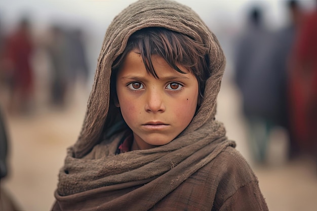 A poor staring hungry orphan boy in a refugee camp with a sad expression on his face and his face and clothes are dirty and his eyes are full of pain. Generative Ai