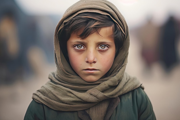 A poor staring hungry orphan boy in a refugee camp with a sad expression on his face and his face and clothes are dirty and his eyes are full of pain. Generative Ai