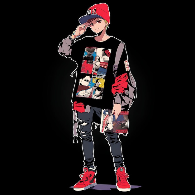 Pop Art 14 Year Old Boy in a Comic Book Print Shirt Black Je Creative Fashion Chibi Character