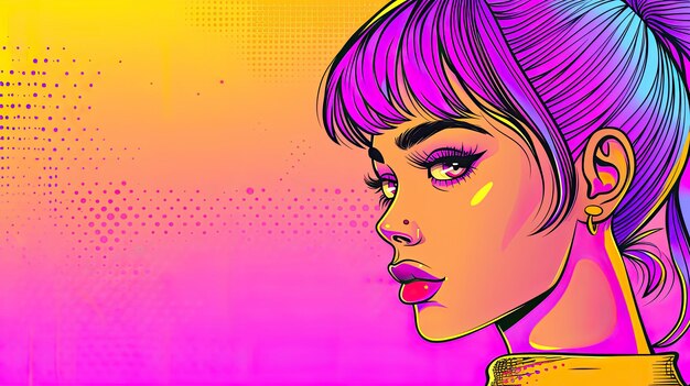 Photo a pop art comic book style illustration of an attractive woman with purple hair and bangs