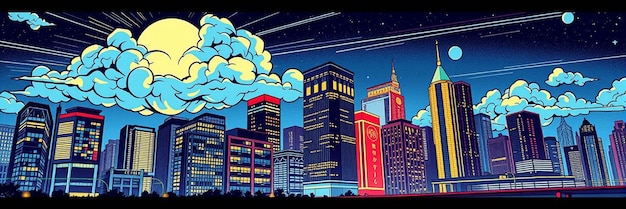 Photo pop art comic style smart city night illustration