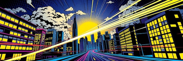 Photo pop art comic style smart city night illustration