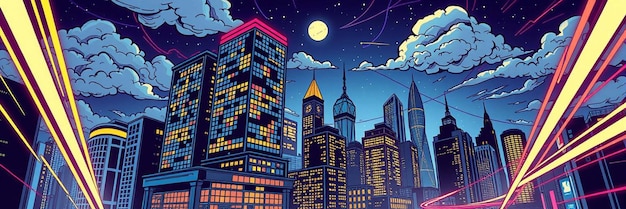 Photo pop art comic style smart city night illustration