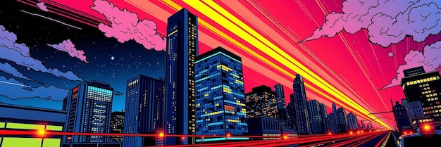 Photo pop art comic style smart city night illustration