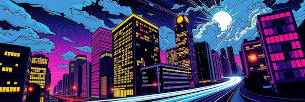 Photo pop art comic style smart city night illustration