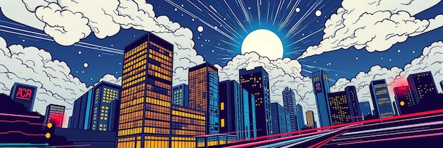 Photo pop art comic style smart city night illustration