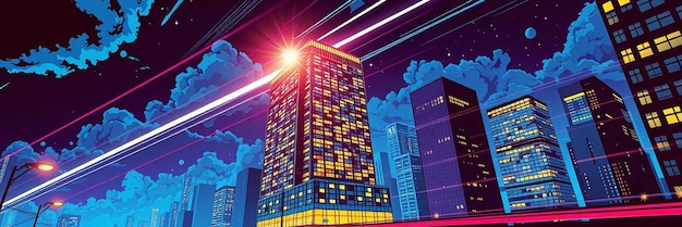 Photo pop art comic style smart city night illustration