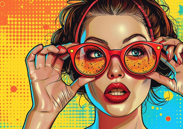 Photo pop art comic style of a young woman with sunglasses and red lips