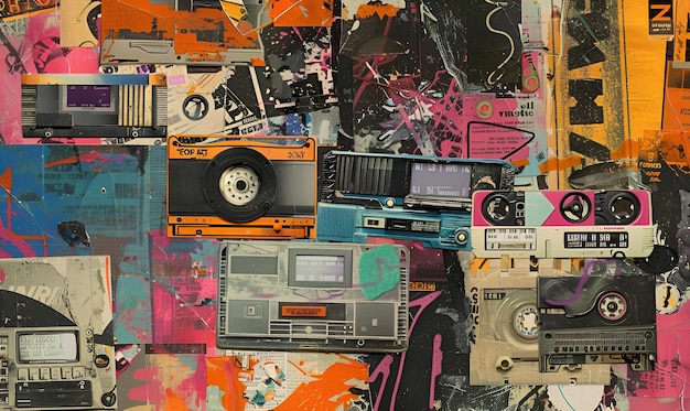 Pop Art Graffiti and Grunge Cassette Tapes on Textured Paper