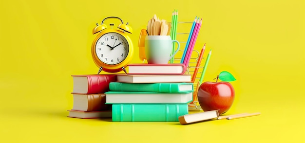 Pop art illustration of School accessories with apples books and an alarm clock on the School background Back to school concept 3D Rendering AI Generative