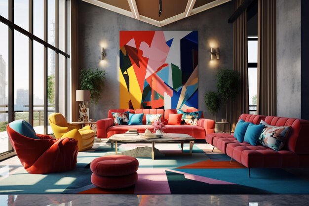 Pop art modern living room interior colorful upholstered midcentury furniture sever seater sofa