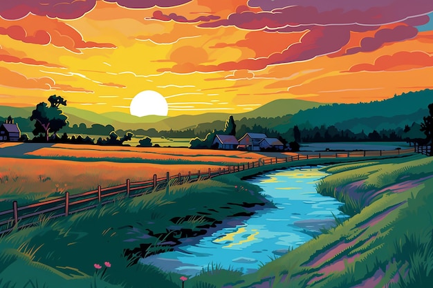 a pop art painting of a serene countryside landscape AI generated