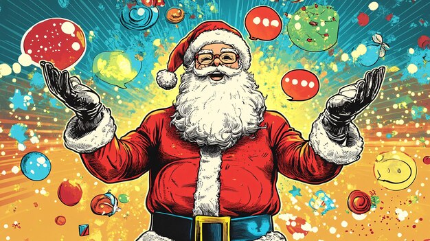 Photo pop art santa claus santa claus depicted in a pop art style with bright bold colors and comic booklike dots and lines he stands in a dynamic pose with speech bubbles and festive icons in the