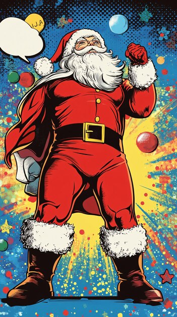 Photo pop art santa claus santa claus depicted in a pop art style with bright bold colors and comic booklike dots and lines he stands in a dynamic pose with speech bubbles and festive icons in the