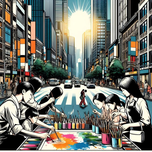 Photo in a pop art style a bustling city street becomes a vibrant canvas for an ink painting activity as