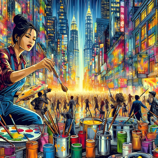 In pop art style a bustling cityscape explodes with vibrant colors as artists feverishly dip their