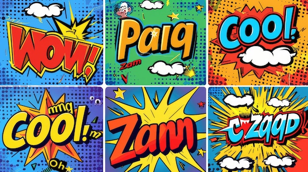 Photo pop art style comic icons set with colorful quotwowquot quotbangquot quotpowquot quotomgquot quotboomquot quotzapquot quotcoolquot and quotohquot bursts