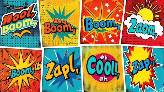 Photo pop art style comic icons set with colorful quotwowquot quotbangquot quotpowquot quotomgquot quotboomquot quotzapquot quotcoolquot and quotohquot bursts