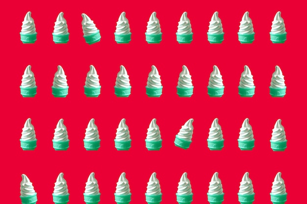 Pop Art Style Green Colored Rows of Soft Serve Ice Cream Cones Pattern on Red Backdrop